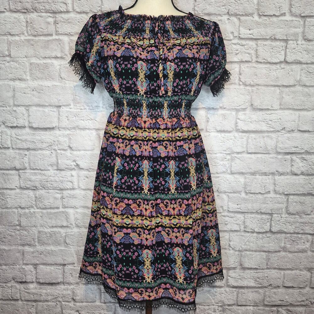 Sui Anna Sui Smocked Boho Peasant Dress Black Lace Multicolor Tribal Print Sz S - Picture 3 of 11